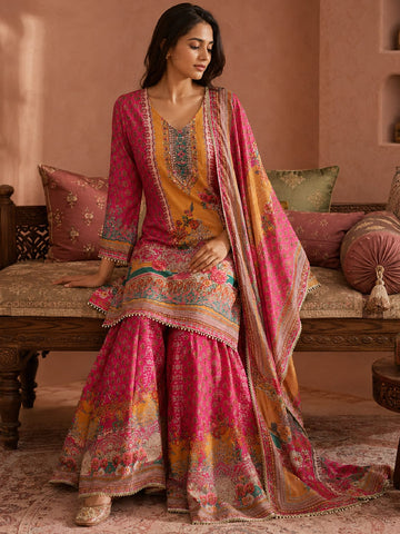 Ethnic Printed Kurta Set With Matching Palazzo And Dupatta