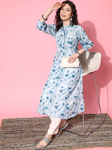 KSUT Women Turquoise Blue And White Printed Cotton Kurta