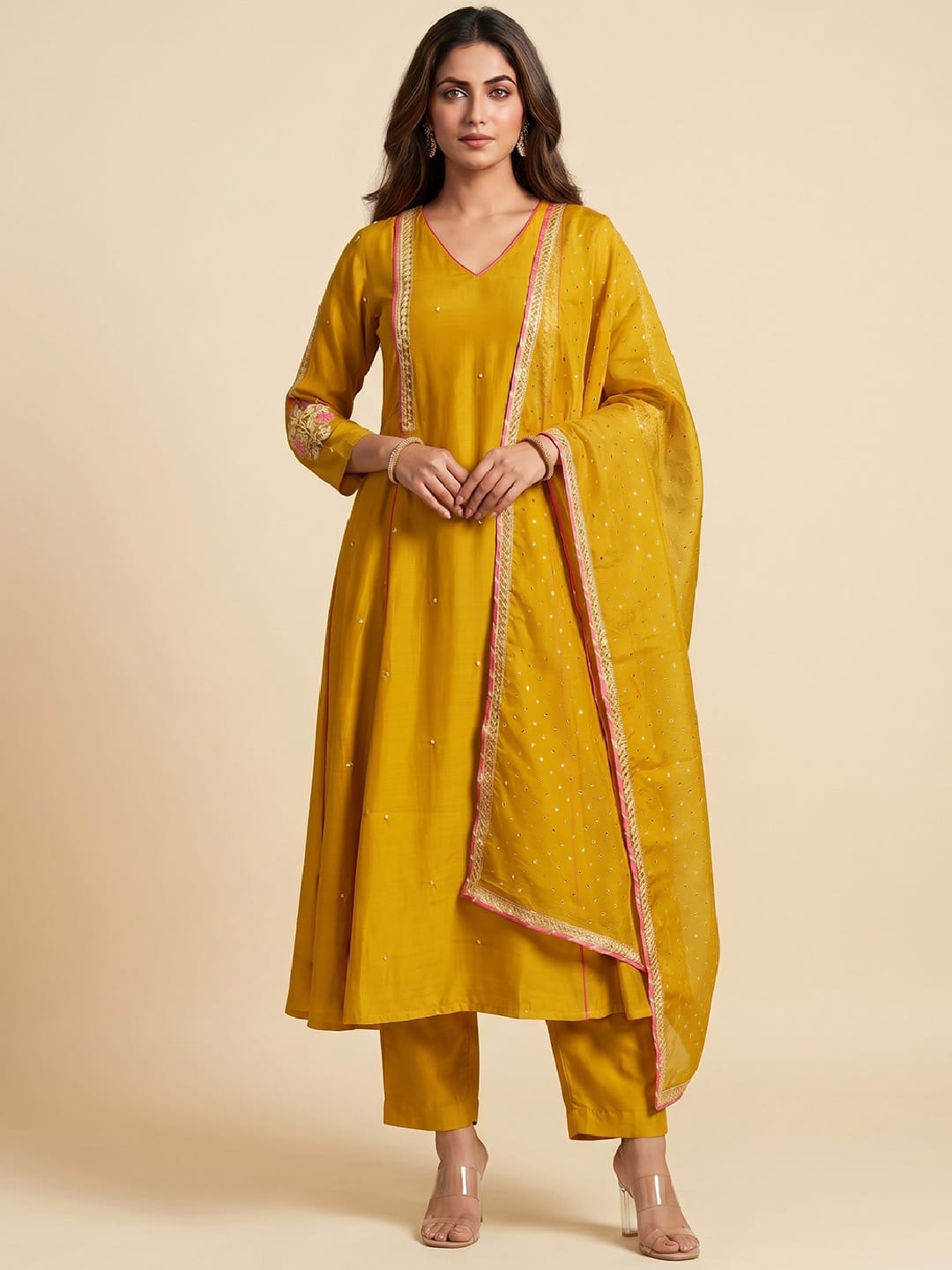 Mustard Yellow Embroidered A-Line Kurta Set With Sequin Detailing