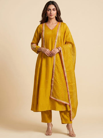 Mustard Yellow Embroidered A-Line Kurta Set With Sequin Detailing