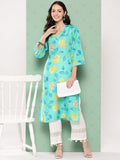 KSUT Women Turqouise Blue Floral Printed Straight Kurta With Bell Sleeves