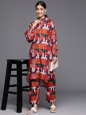 Varanga Women Multi Colour Abstract Printed Straight Kurta With Tonal Bottom