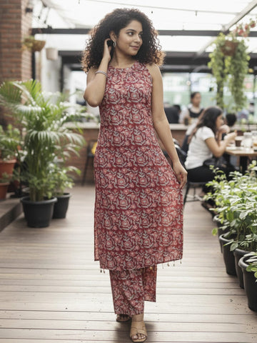 Rust Block-Style Print Kurta with Palazzo Pants