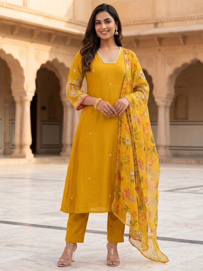 Women's Mustard Yellow Embroidered Kurta Set With Floral Printed Dupatta