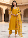 Women's Mustard Yellow Embroidered Kurta Set With Floral Printed Dupatta