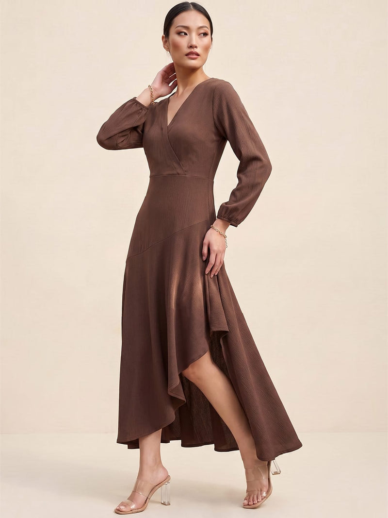 Brown Wrap Dress With A Flattering High-Low Silhouette .
