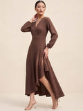 Brown Wrap Dress With A Flattering High-Low Silhouette .