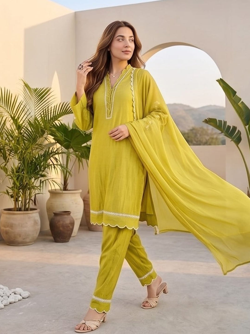 Kurta Set With 3D Work On The Sleeves Paired With Solid Trousers And Dupatta.