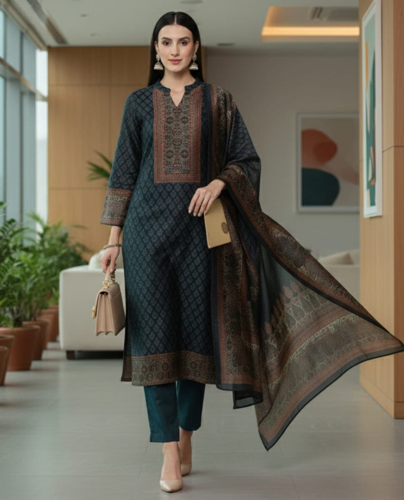 Varanga Women Grey Floral Printed Straight Kurta Paired With Solid Bottom And Printed Dupatta