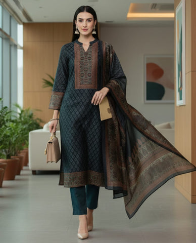 Varanga Women Grey Floral Printed Straight Kurta Paired With Solid Bottom And Printed Dupatta