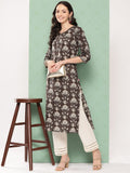 Varanga Women Grey Floral Printed Straight Kurta With Three Quarter Sleeves