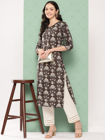 Varanga Women Grey Floral Printed Straight Kurta With Three Quarter Sleeves