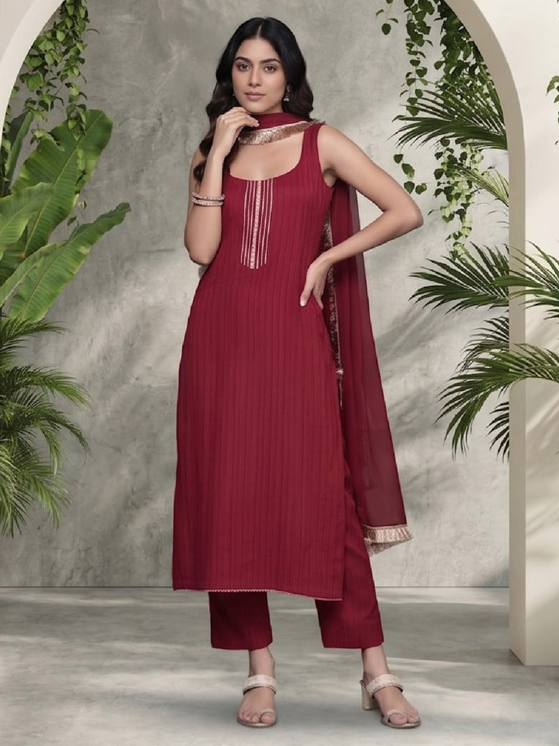 Varanga Women Maroon Round Neck, Spaghetti Strap Style Straight Kurta Paired With Tonal Bottom And Dupatta