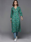 Varanga Women Turquoise Blue Floral Printed V-Neck Straight Kurta