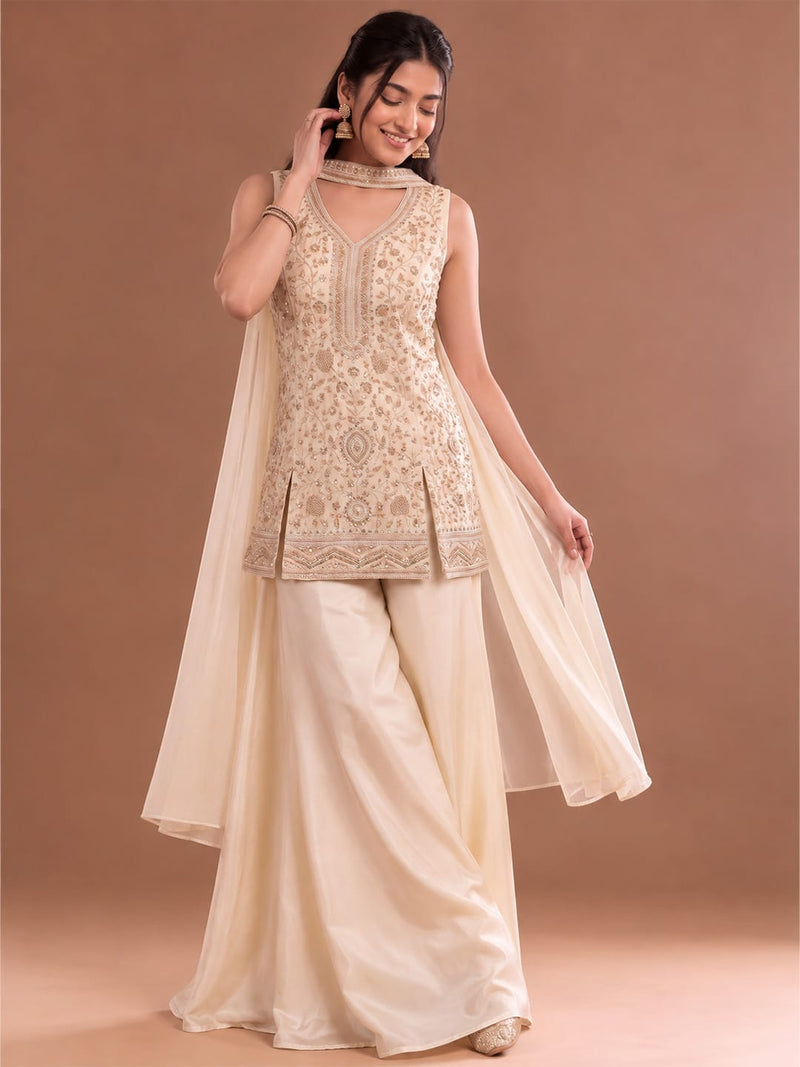 White Embroidered Kurta Set Featuring Zari And Sequin Work With A Matching Flared Palazzo And Embellished Dupatta