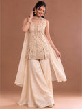 White Embroidered Kurta Set Featuring Zari And Sequin Work With A Matching Flared Palazzo And Embellished Dupatta