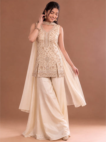 White Embroidered Kurta Set Featuring Zari And Sequin Work With A Matching Flared Palazzo And Embellished Dupatta