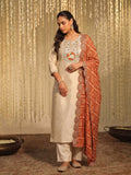 Off-White Embroidered Kurta Set With Printed Scallop Border Dupatta