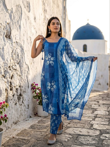 Abstract Cotton Sleeveless Kurta Set With Dupatta