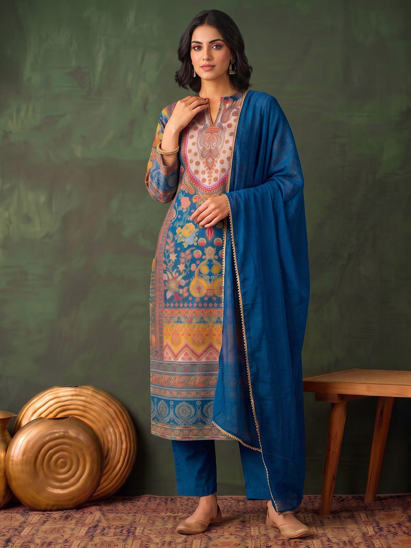 Women'S Blue Floral Printed Straight Kurta Set With Tonal Dupatta