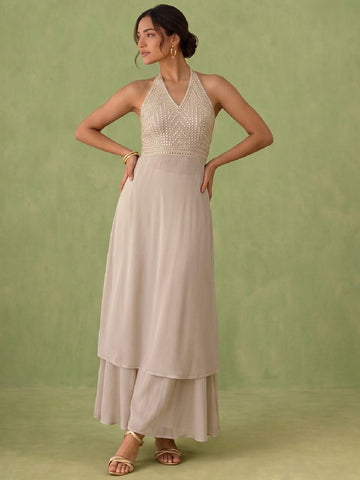 Embellished Mirror-Work Halter Kurta With Palazzo Set