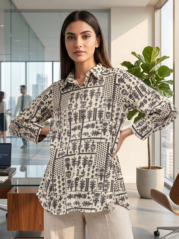 Cream Coloured Slim Collar Long Sleeves Floral Shirt