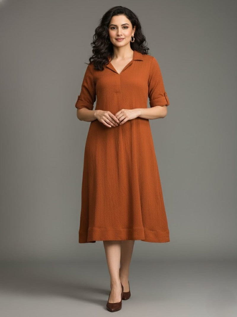 Varanga Women Beige Shirt Collar A Line Dress