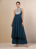 Varanga Women Nude Yoke Embroidered Sleeveless Flared Kurta With Trousers.