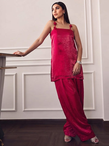 Fuchsia Square-Neck Top With Statement 3D Rose Paired With Farsi Salwar
