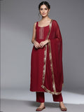 Varanga Women Maroon Round Neck, Spaghetti Strap Style Straight Kurta Paired With Tonal Bottom And Dupatta