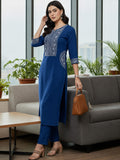 Women Blue Shirt-Style Kurta With Trousers