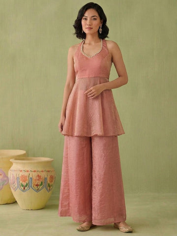 Womens Dusty Rose Halter Peplum Palazzo Set
