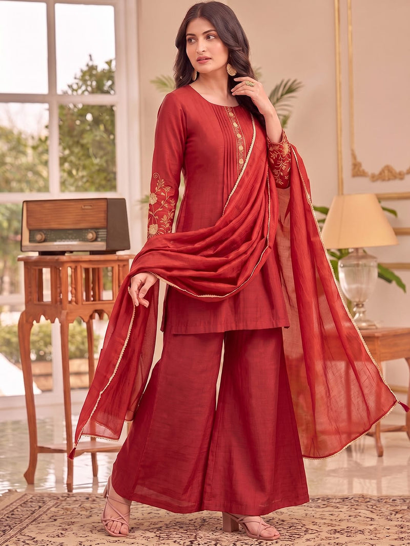 Rust Embroidered Kurta Set, Paired With Tonal Trousers And Dupatta.