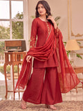 Rust Embroidered Kurta Set, Paired With Tonal Trousers And Dupatta.