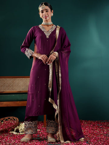 Varanga Women Purple Zari Embroidered Sequin Embellished Kurta  Paired With Bottom And Dupatta