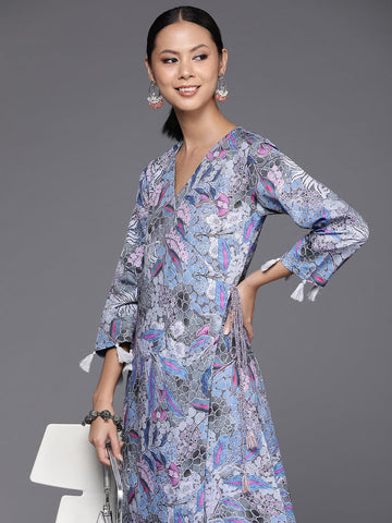KSUT Women Grey Abstract Printed Angrakha Style Kurta With Bottom