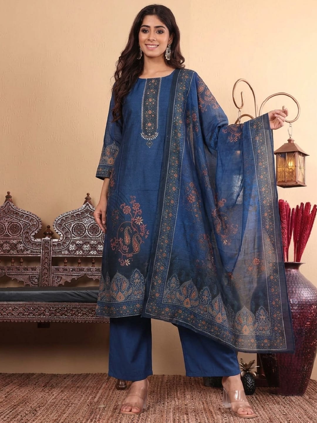 Varanga Women Ethnic placement Printed Chanderi Silk Kurta with Palazzos & Dupatta