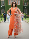 Sleeveless Orange Kurta with Floral Dupatta and  Pants