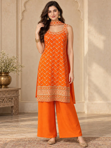 Varanga Women Ethnic Motifs Embroidered Regular Thread Work Kurta with Palazzos & With Dupatta