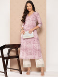 Varanga Women Lavender Stripe Printed V-Neck Straight Kurta With Three Quarter Sleeves