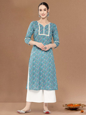Blue Floral Printed Lace Embellished Kurta With 3/4Th Sleeves