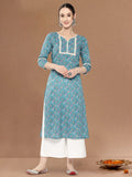 Blue Floral Printed Lace Embellished Kurta With 3/4Th Sleeves