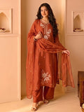 Rust Shiny Kurta Set With Embroidered Dupatta