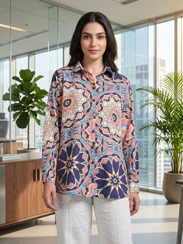 Multi Coloured Slim Collar Long Sleeves Geometric Shirt