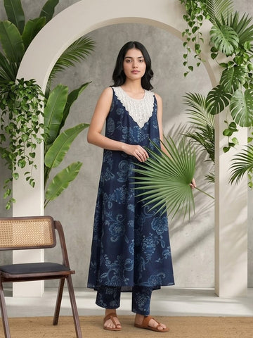 Floral Printed Mirror & Thread Embroidered Yoke Anarkali Kurta With Trouser