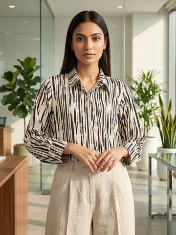 Cream Coloured Slim Collar Long Sleeves Abstract Shirt