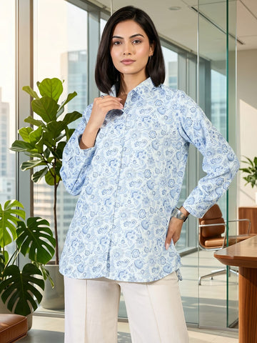 Blue Coloured Slim Collar Long Sleeves Floral Shirt