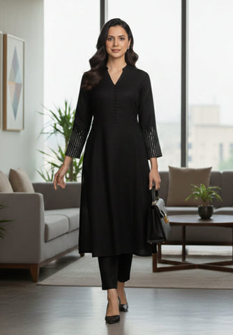 Black Mandarin Witn V Neck Anarkali Front Slit Detailing With Trouser