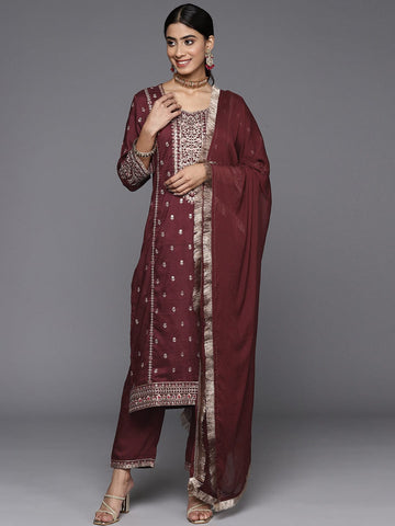 Varanga Women Maroon Embroidered Kurta Paired With Tonal Bottom And Dupatta