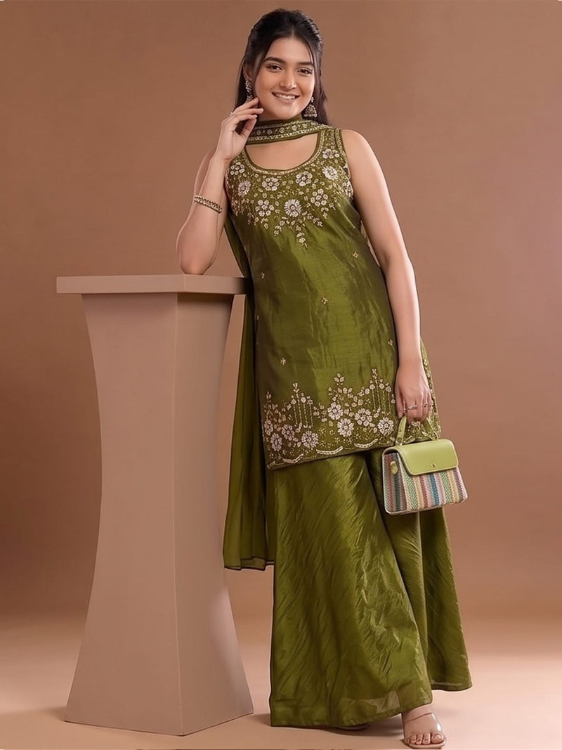 Round Neck Embroidered Kurta Set Featuring Zari And Sequin Work With Flared Palazzo And Embellished Dupatta